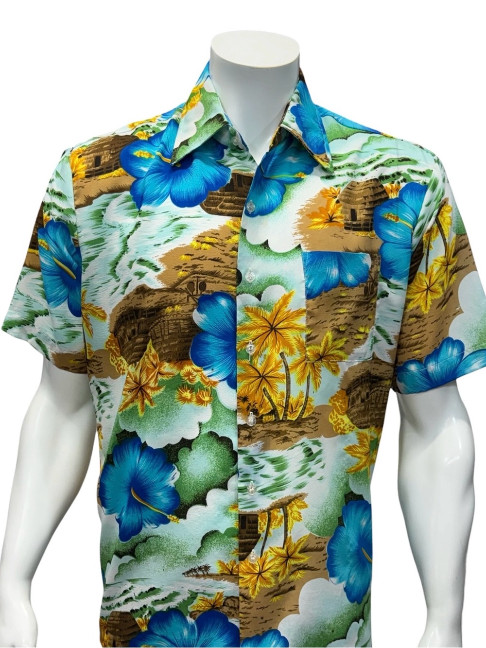 Vintage 70's Van Cort Wool Worth Multi-Color Floral Palms Hawaiian Shirt Large